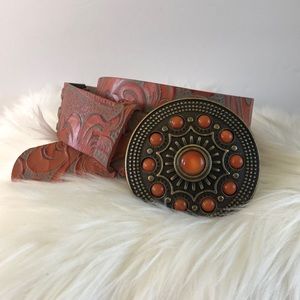 Streets Ahead tooled leather belt w/orange bling S